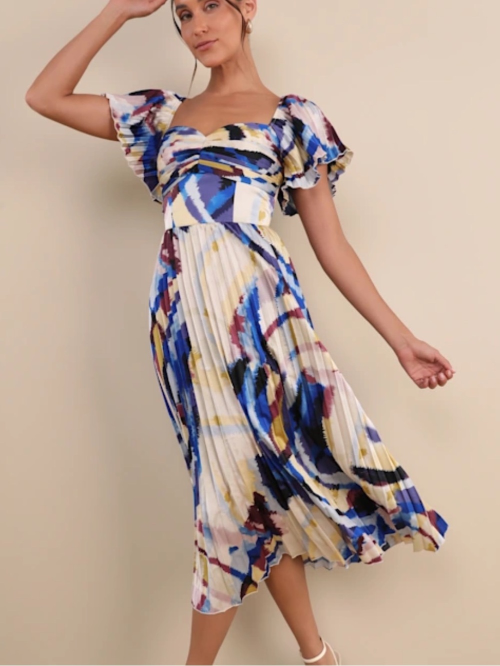 Lulu’s Authentically Yours Blue Multi Abstract Print Satin Midi Dress Size Med